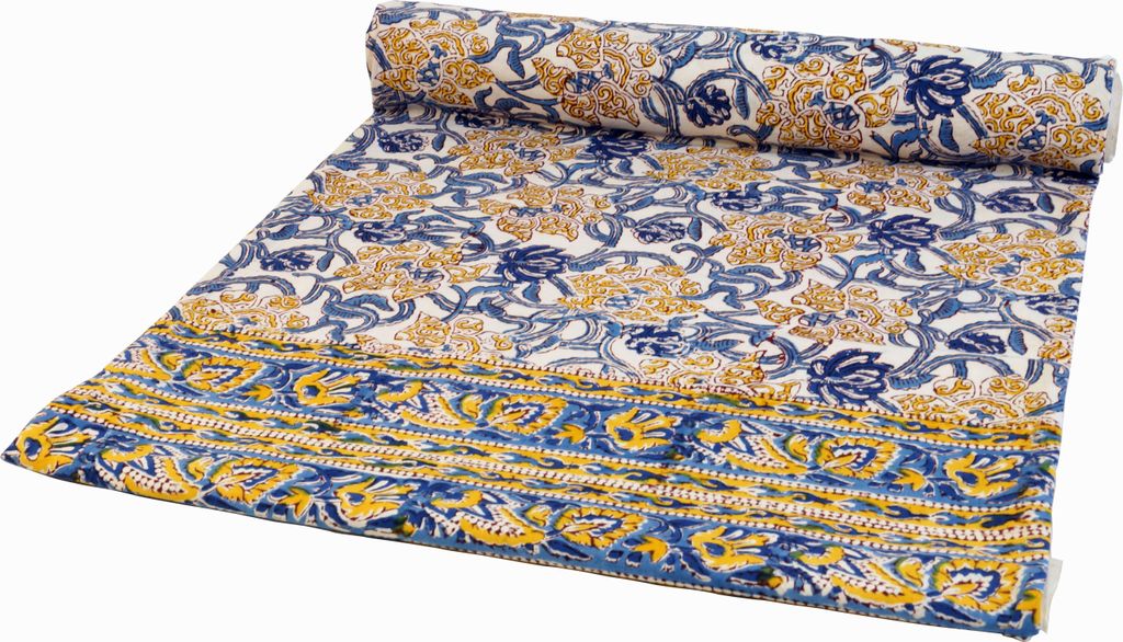 Blockdruck Tagesdecke, Bett & Sofaüberwurf, Handgearbeiteter Wandbehang, Wandtuch - Design 25, Blau, Baumwolle, Größe: Single 150*200 cm