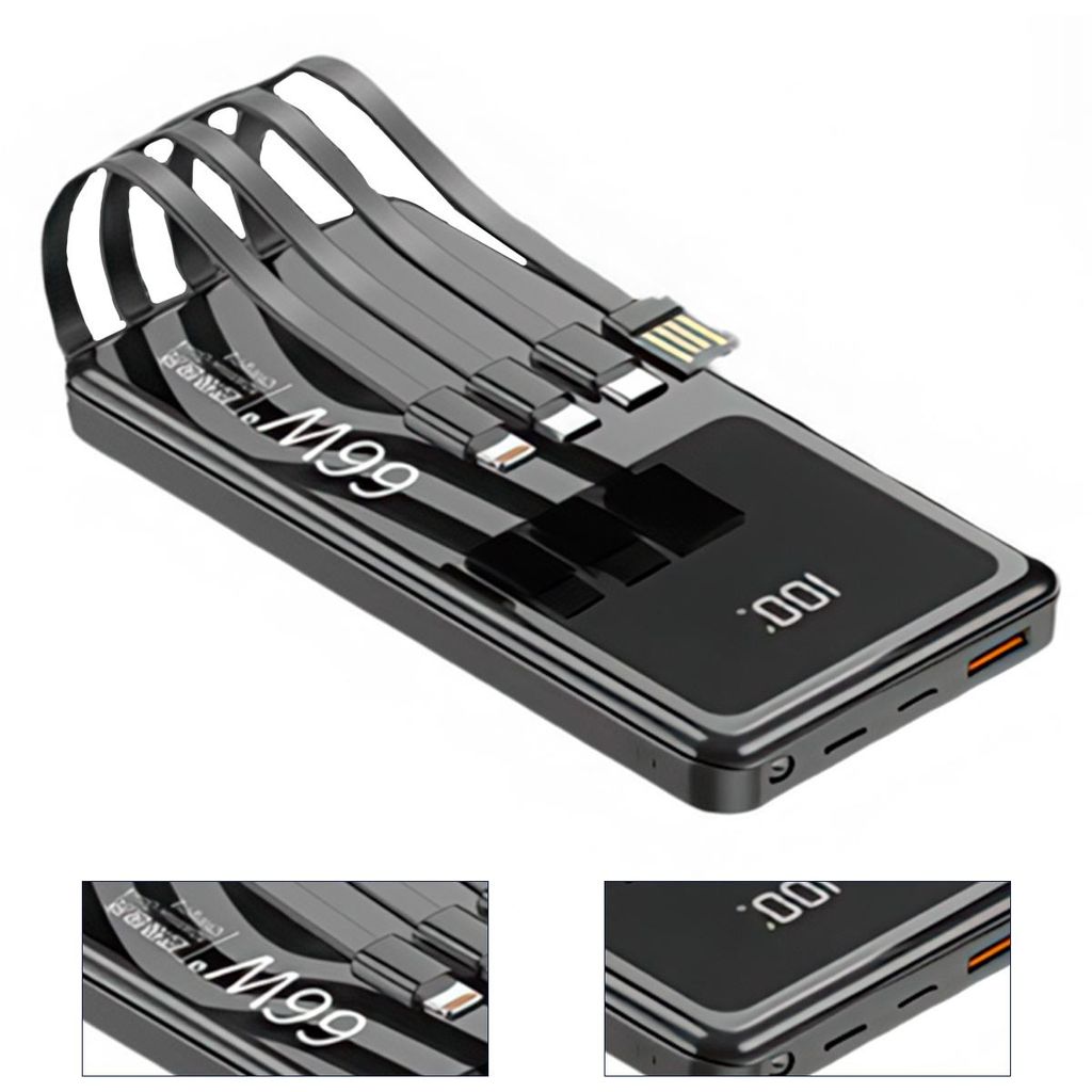 Superschnelle Powerbank 20.000 mAh,Tragbares Ladegerät mit PD 20 W Ein-/Ausgang, 4 Kabel integriert, LED-Notlicht, USB-C, Lightning, Micro
