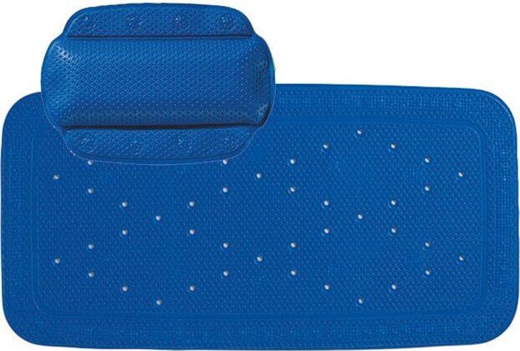 A blue bath mat and headrest set.