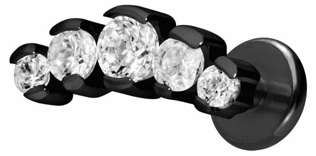 Ohrpiercing, Nasenpiercing Titan Labret mit Innengewinde 5 EINGEFASSTE KRISTALLE Schwarz Stablänge: 8mm | Stabstärke: 1,2mm