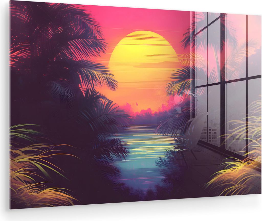 MuchoWow Glasbilder - Bilder auf Wandbild - Foto auf Glas Sonne - Gelb - Palmen - Tropisch 90x60 cm Wanddekoration aus Glas - Acrylglasbild - Acryl...