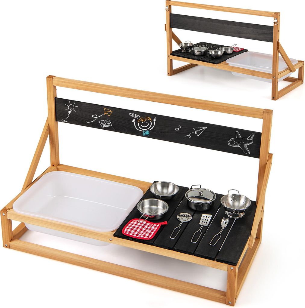 GOPLUS Matschküche Kinder Outdoor, Spielküche klein mit Spülbecken, Kreidetafel, Wischmopp & 7 Küchenzubehör, Küchenwand/Tisch mit Haken, Natur