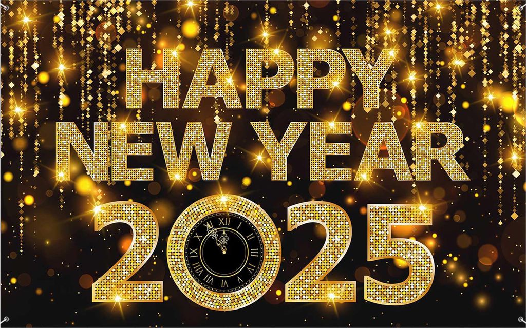 2025 Frohes Neues Jahr Hintergrund Glitzer Silvester Hängendes Banner Schwarz und Gold Fotografie Hintergrund für Home Office Party Dekor