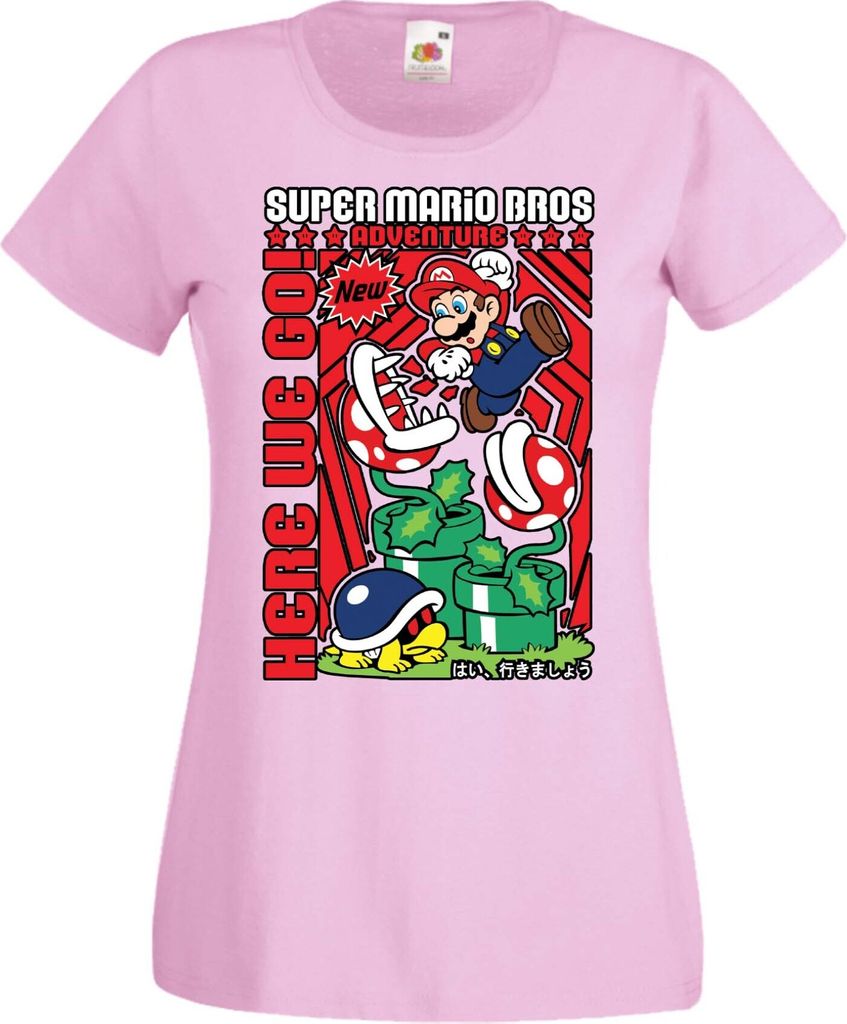 Damen T-Shirt Anime Manga Game Mario Fun Bros, Lady XS / Hellrosa