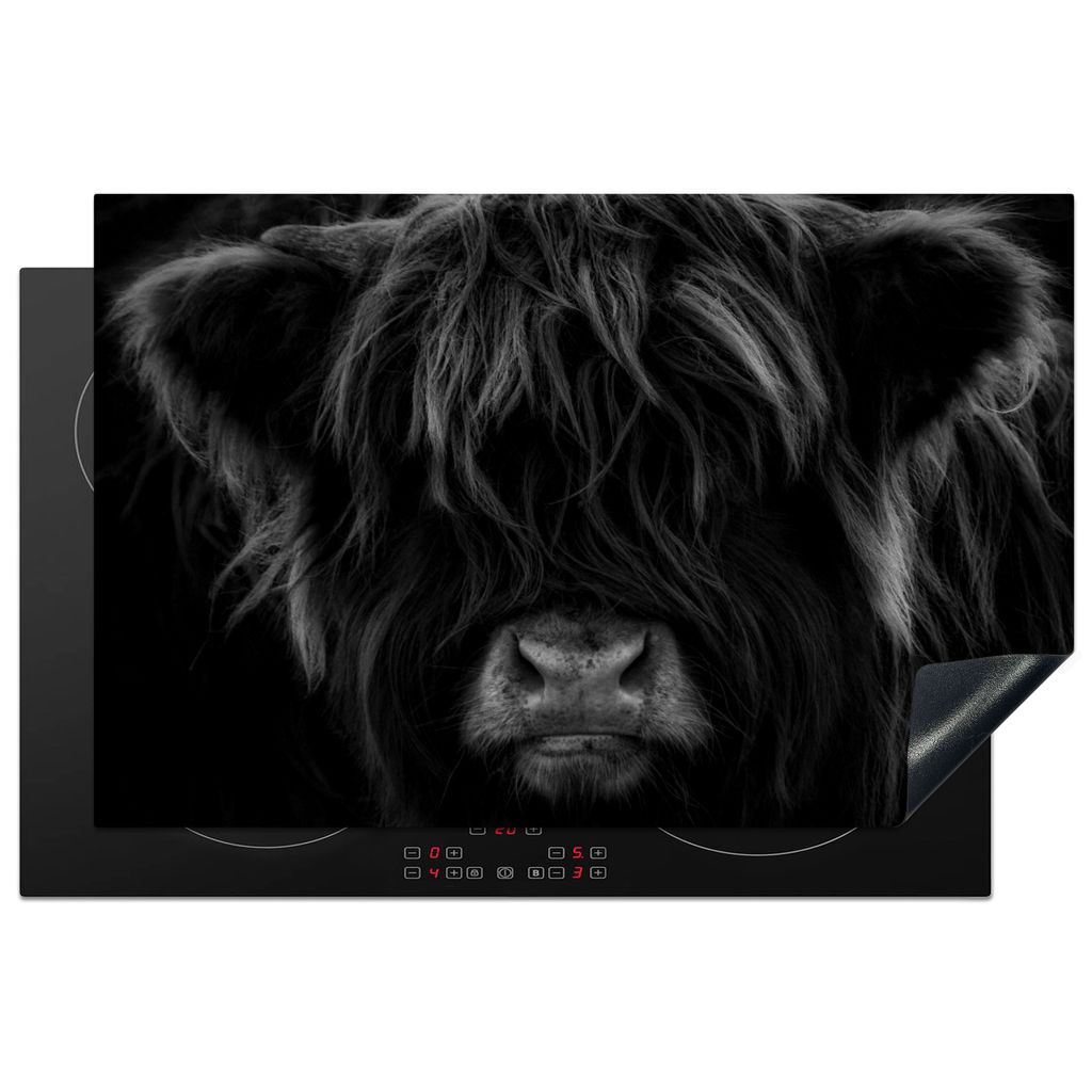 KitchenYeah Herdabdeckplatte Schottischer Highlander - Kuh - Schwarz - Weiß - Porträt , 80x52cm, Küche Deko, Glaskeramikkochfeld Herdabdeckung...