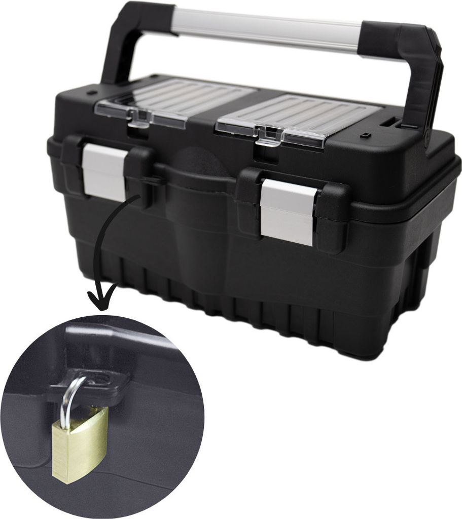 A black toolbox with a silver handle and a brass padlock attached to the side.