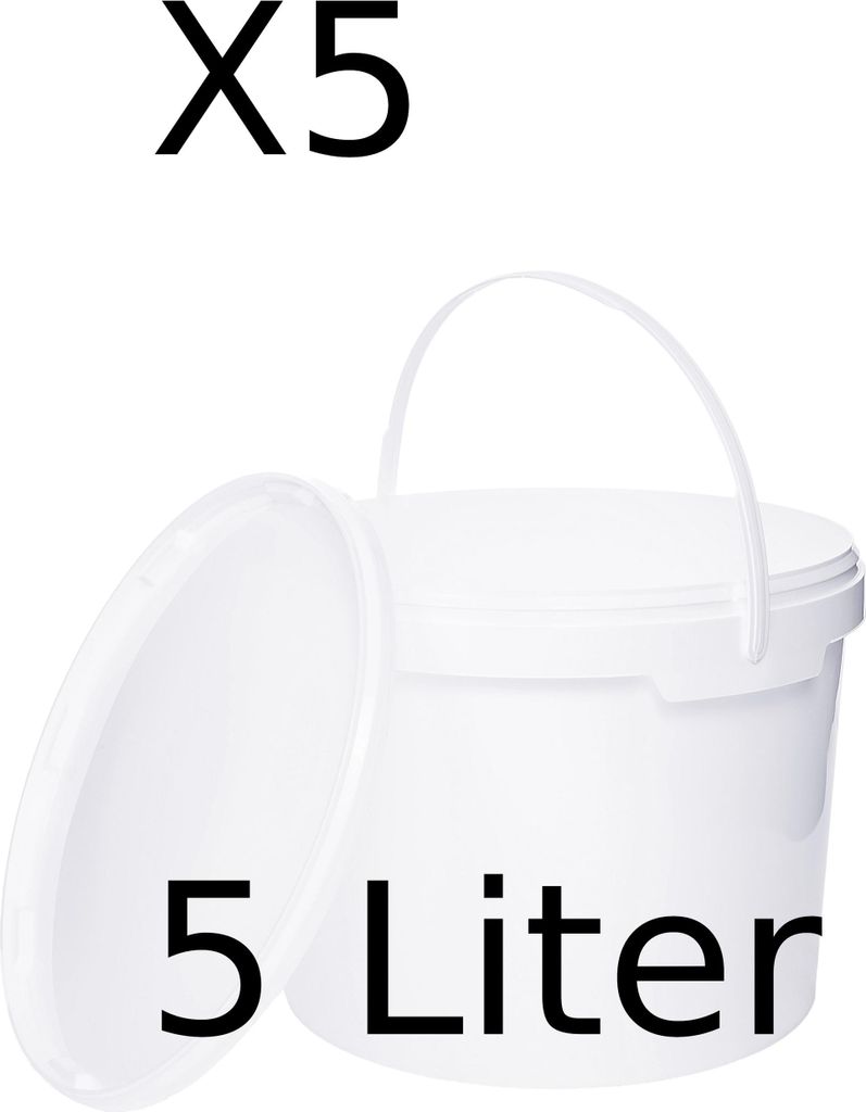 BenBow Eimer mit Deckel 5L x5 Weiß - lebensmittelecht, stabil, luftdicht, auslaufsicher, geruchsneutral - Plastikeimer mit Henkel - leer