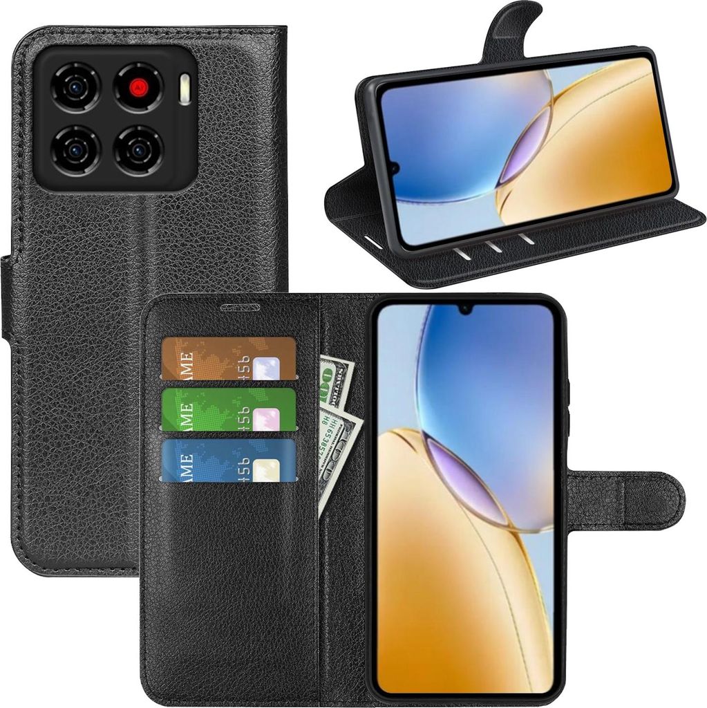 Für ZTE Blade A56 Kunstleder Book Wallet Smart Handy Tasche Hülle Cover Schwarz
