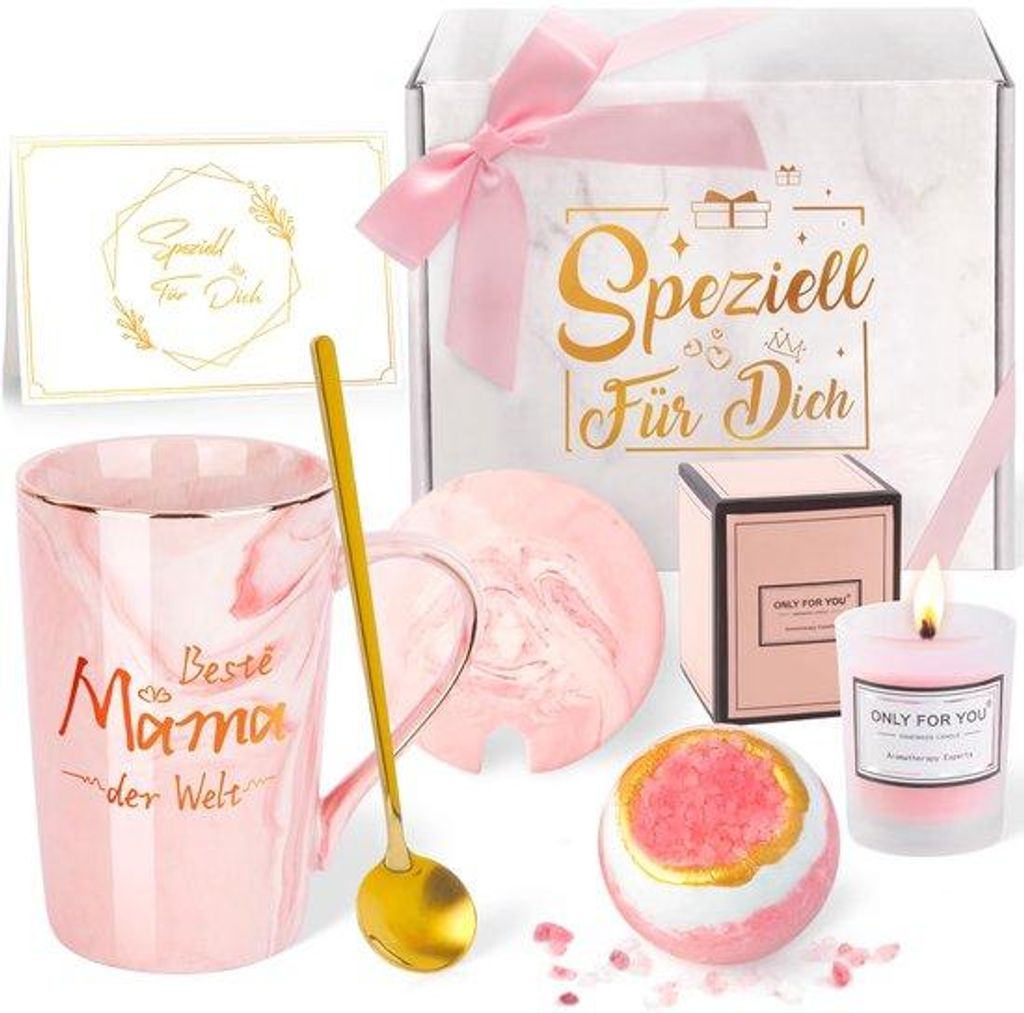 Mamas Geburtstags- und Muttertags-Schenkgiftset mit rosa Marmor-Kaffeebecher, 340 ml.
