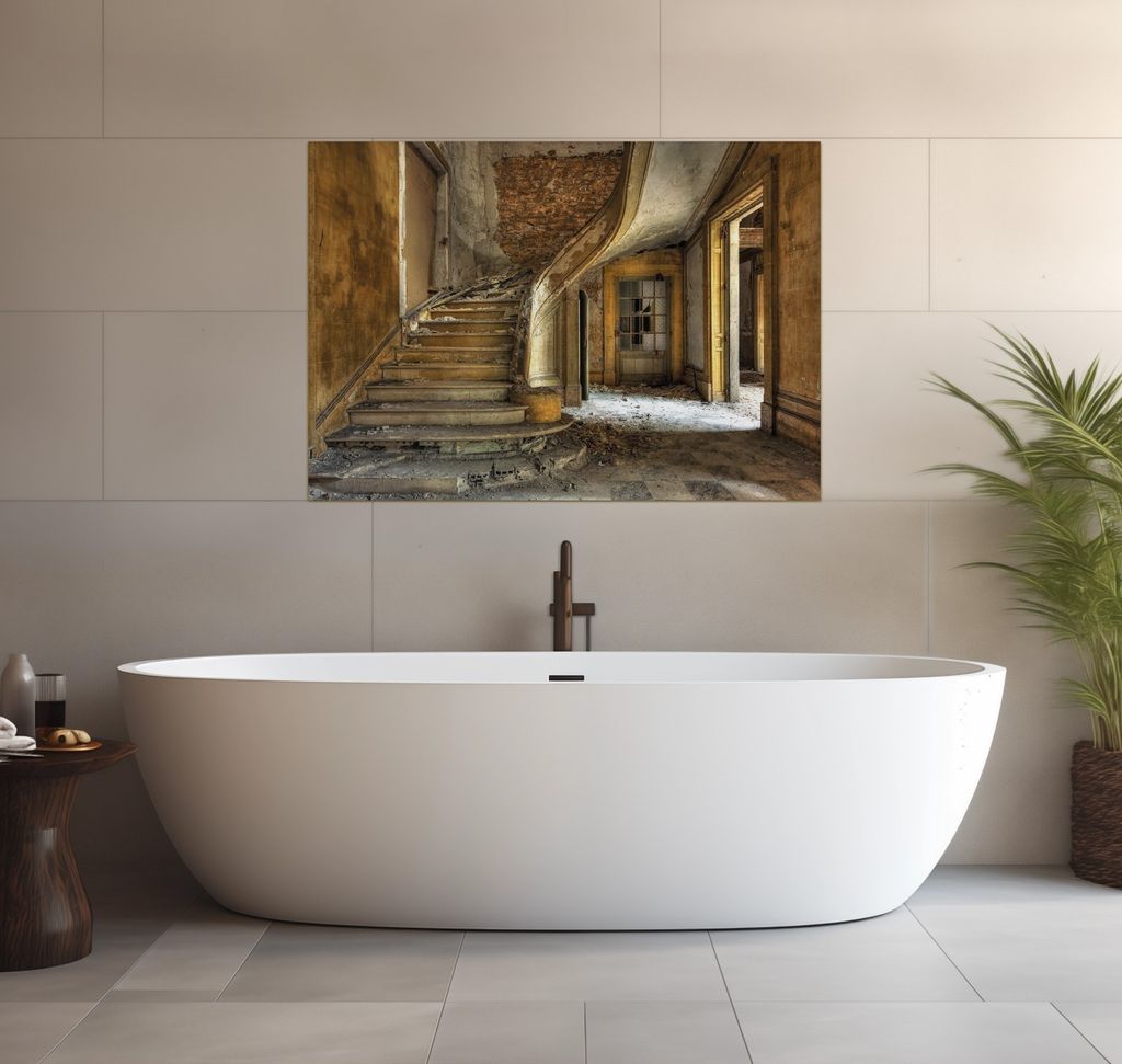 Wallario wasserfestes Poster selbstklebend 70 x 100 cm, Massive Steintreppe in herrenlosem Haus, Badezimmerposter Spritzschutz mit Hochglanzoberfl...