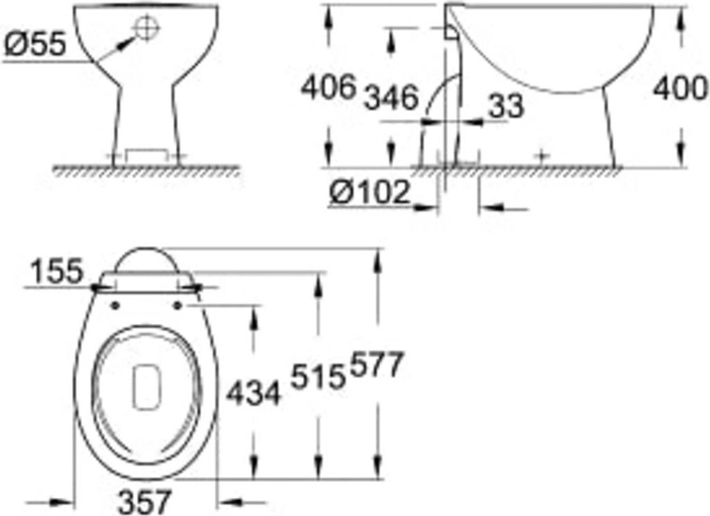 Technical drawing of a toilet with dimensions.
