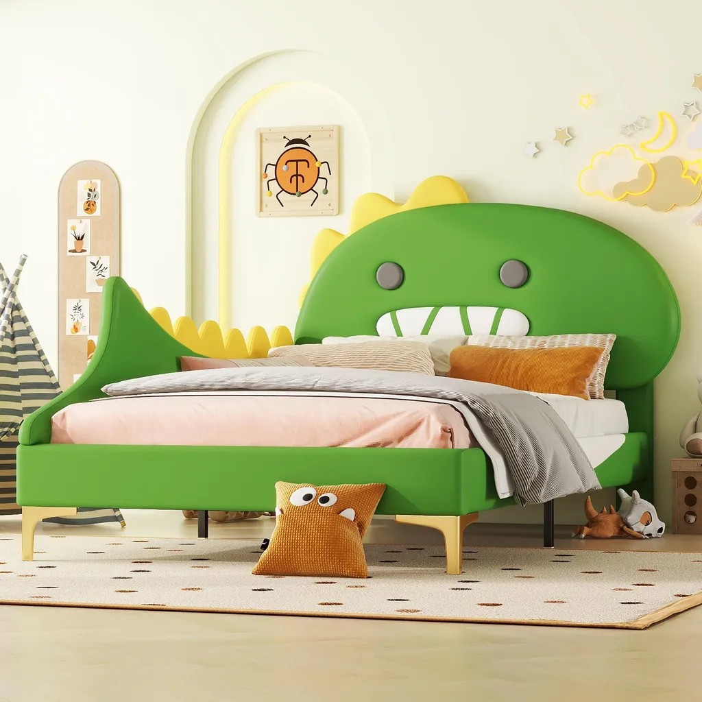 Merax Lit Enfant Dinosaure 90x200 cm en PU Vert avec Sommier à Lattes