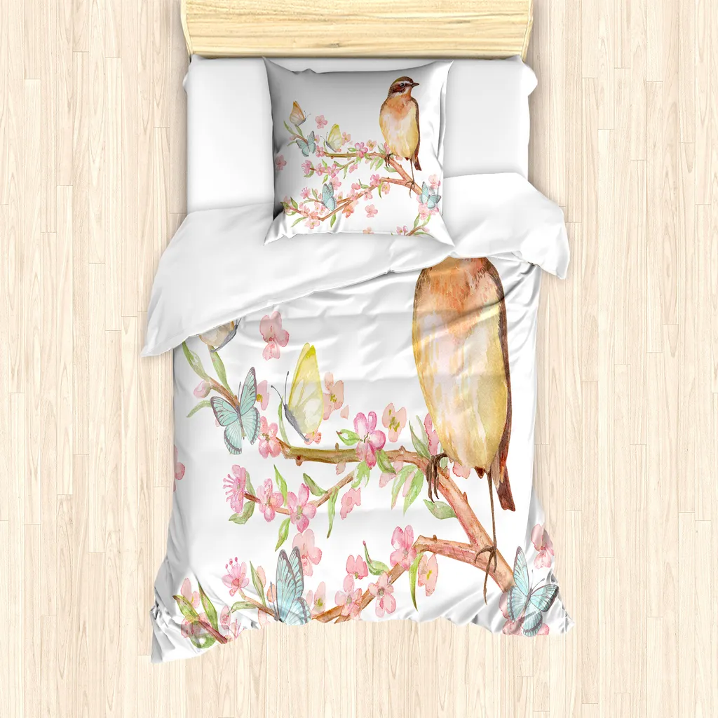 Set Copripiumino ABAKUHAUS 135x200 cm Uccellini e Fiori Antiacaro