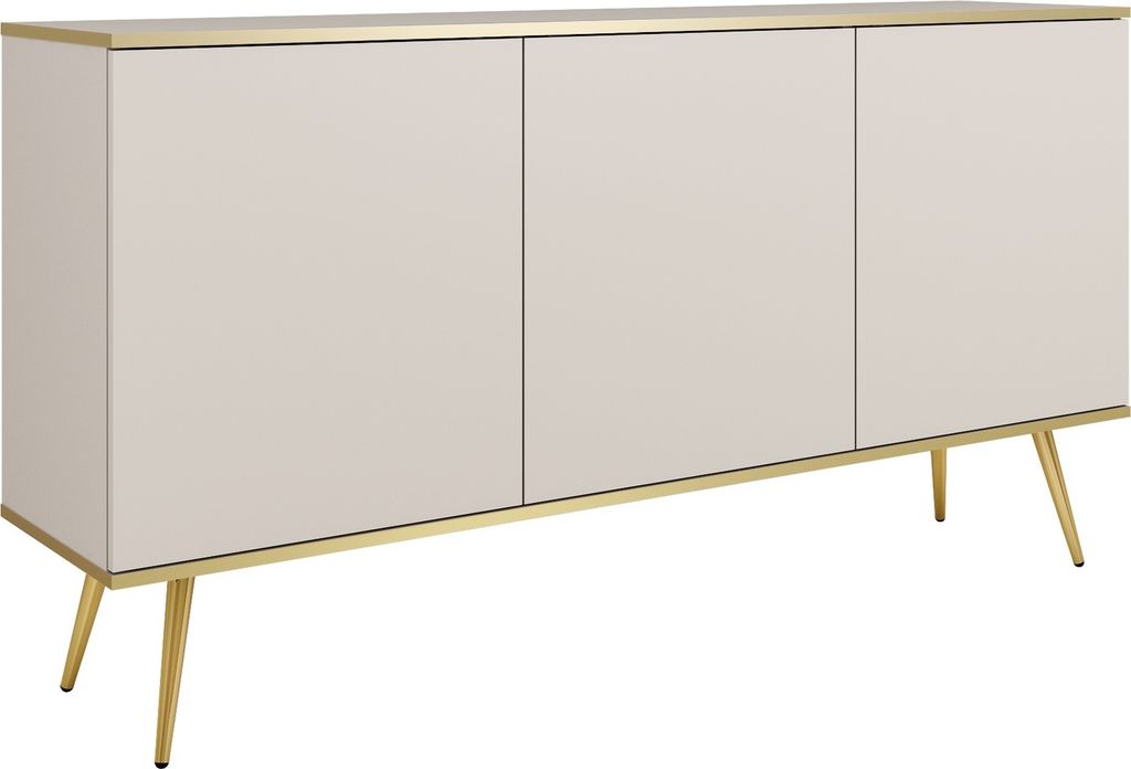Sideboard 160 cm Rodi mit Beinen - Dreitürige Kommode, gold Accessoires, Wohnzimmerkommode - Beige + Gold