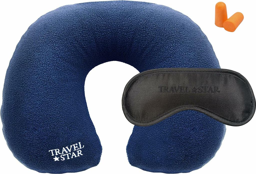 Travelstar Aufblasbares Nackenkissen Reiseset – Inkl. Schlafmaske & Ohrstöpsel – Fleecebezug – Waschbar – Blau