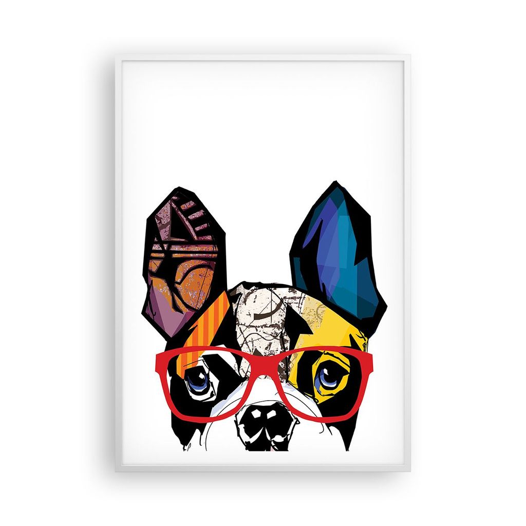 Gerahmtes Poster - Weißer Rahmen - Hund Brille Bunt Bulldogge - 70x100 cm - Wand Bild - Wanddeko - Wandbilder - Wandposter - Bilderrahmen - Bilder...