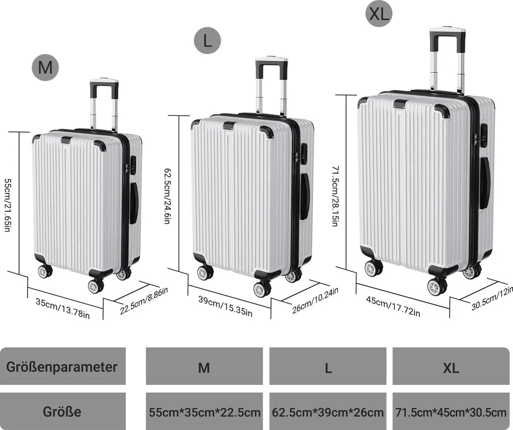 Set de bagages ABS léger Argent avec cadenas TSA sécurisé - 3 pièces