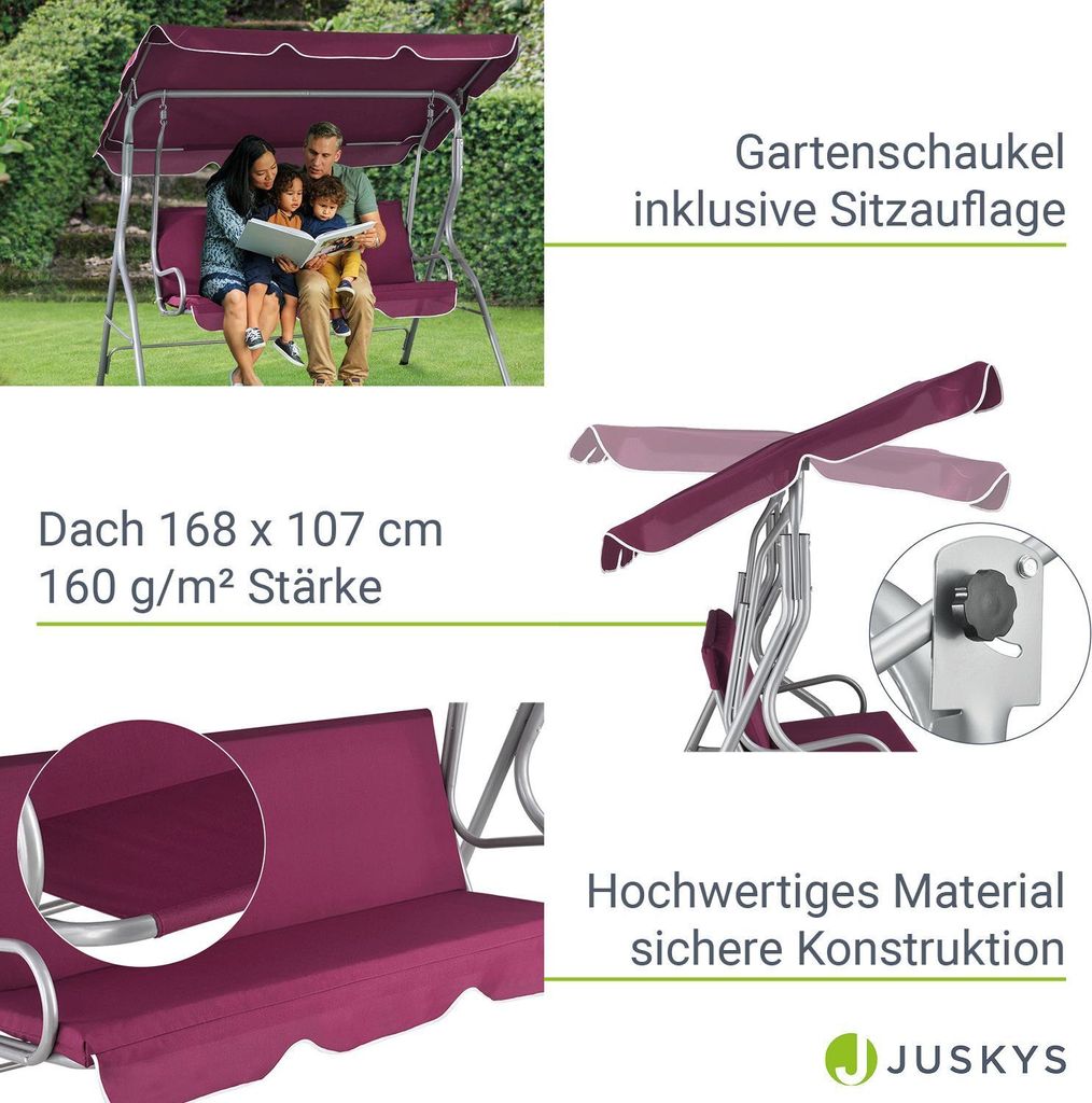 Juskys Hollywoodschaukel 3-Sitzer mit Dach & Sitzauflage – Produktbild 4
