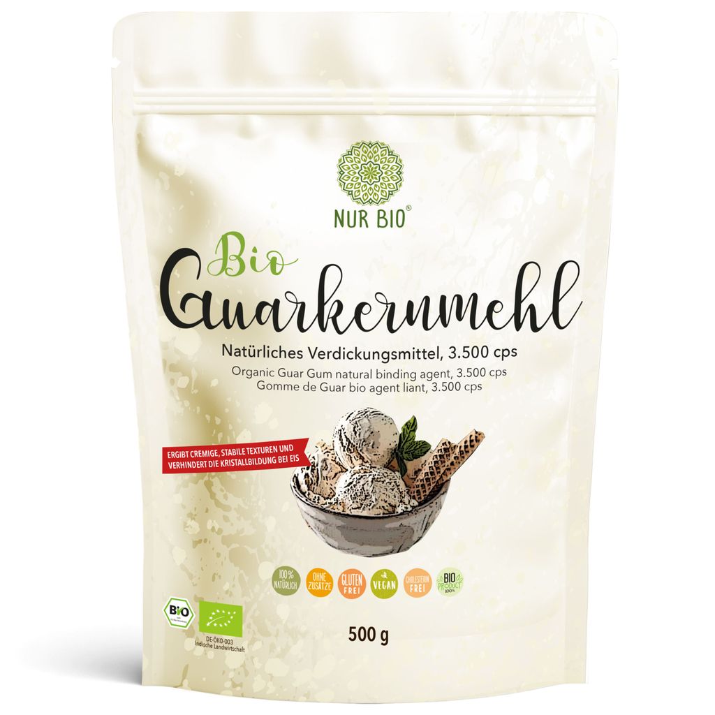 NUR BIO Bio Guarkernmehl 500 g, 3500 cps natürliches Verdickungsmittel glutenfrei Backen Kochen perfektes Speiseeis