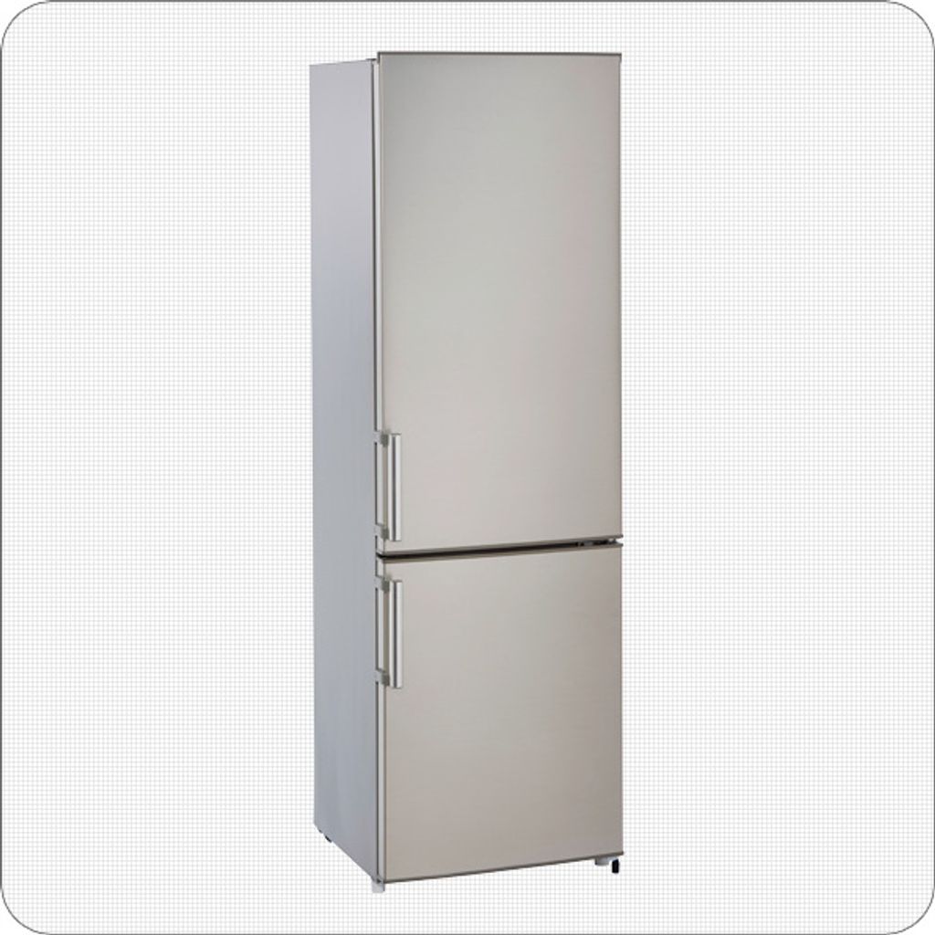 A silver refrigerator with two doors is shown against a light gray background with a subtle grid pattern.