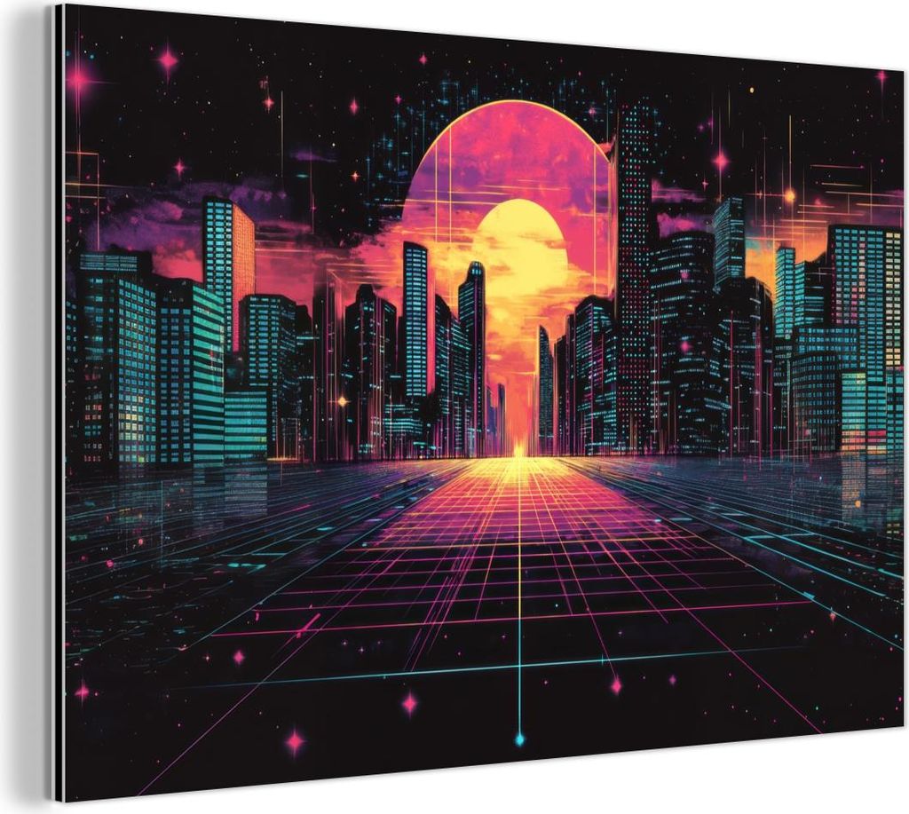 MuchoWow Wanddekoration Metall Metallbild Wandkunst 90x60 cm Stadt - Gebäude - Sonne - Gelb MuchoWow Aluminium Gemälde - Wandbilder