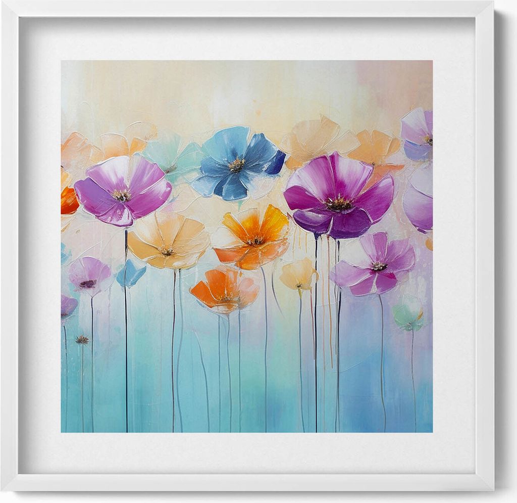 Gemalte bunte Blumen– Wandbild mit Rahmen – Gerahmtes Bild – Wanddekoration – 50x50 cm – Weiß Rahmen