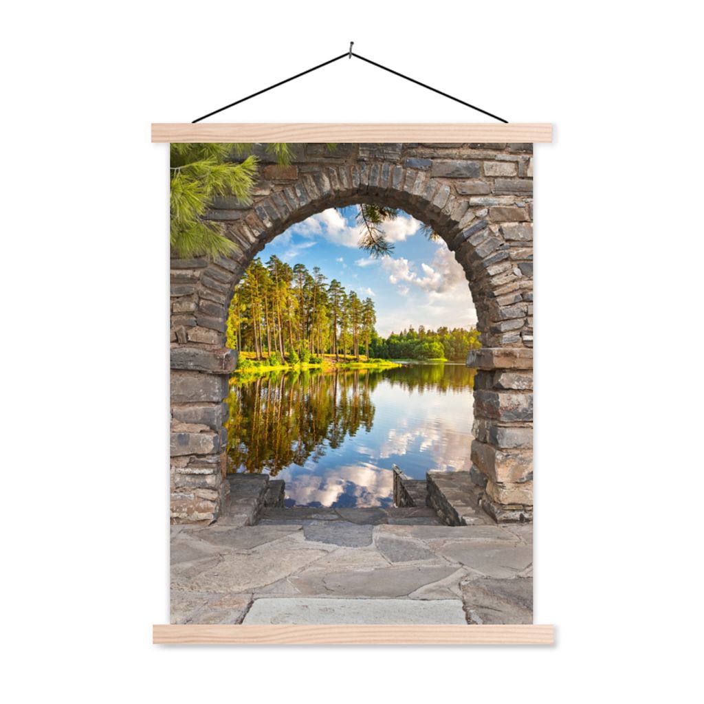 MuchoWow Textilposter Landschaft - Ausblick - Wasser 120x160 cm mit holzfarbenen Rahmen - Plakatkarton