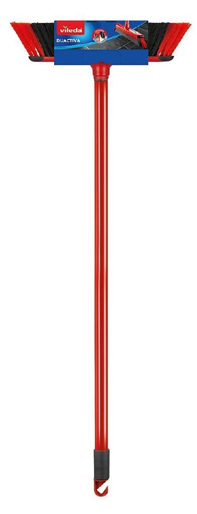 A Vileda broom with a red handle and black and red bristles, presented against a white background.
