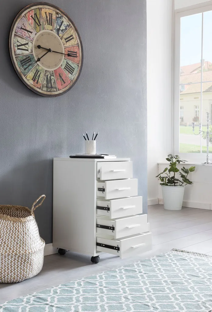 Caisson de bureau 5 tiroirs Rootz en bois blanc - Format compact mobile - 3
