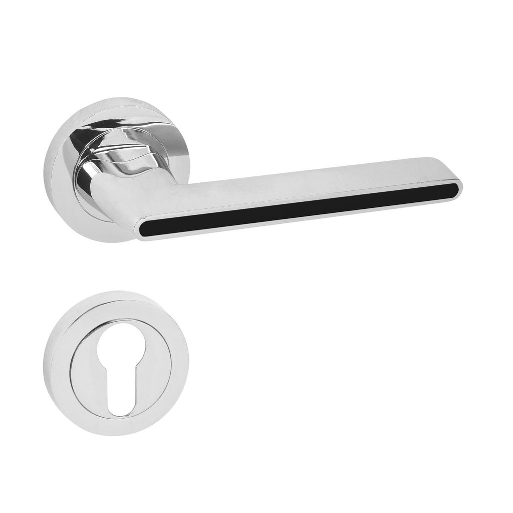 DOMINO Türgriff Drückergarnitur PZ-Profilzylinder | Rund - Rosette | Türdrückergarnitur | Material: Znal | Farbe - Chrom/Schwarze | ONYKS-R M6/...