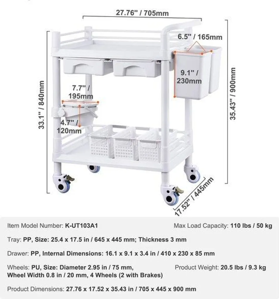 Chariot de laboratoire médical pour prélèvements, ABS blanc 4 tiroirs PP