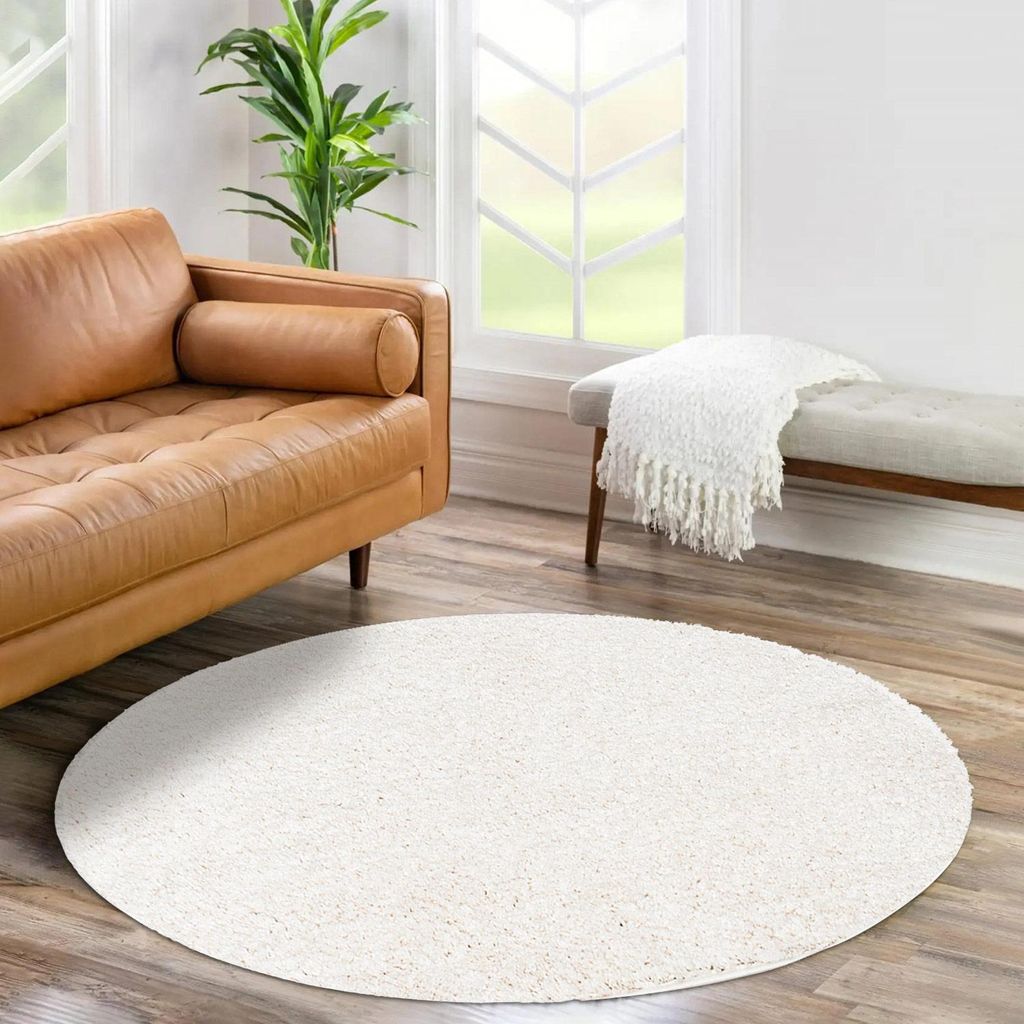 Shaggy Hochflor Teppich Wohnzimmer - Rund 80 cm - Creme - Einfarbige Schlafzimmer-Teppiche