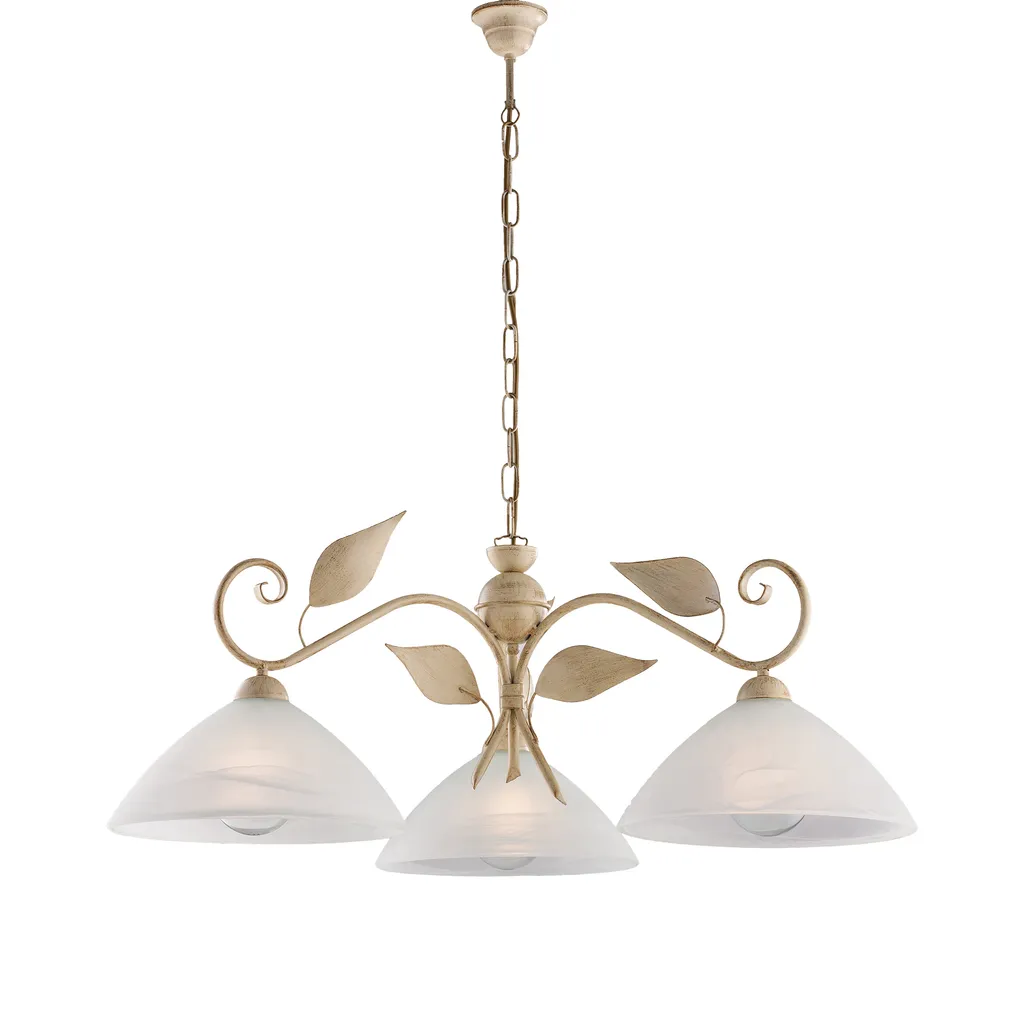 Lustre 3 lumières ivoire et or antique avec vasque albâtre 30 cm