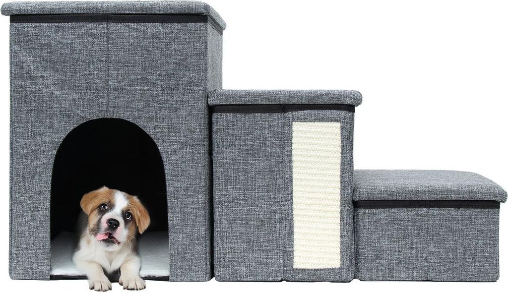 Intirilife Faltbare Hundetreppe mit 3 Stufen in Grau -72x32,5x43 cm- Haustiertreppe mit Stauraum -Katzentreppe Kratzmatte Höhle- Aufbewahrungsboxe...