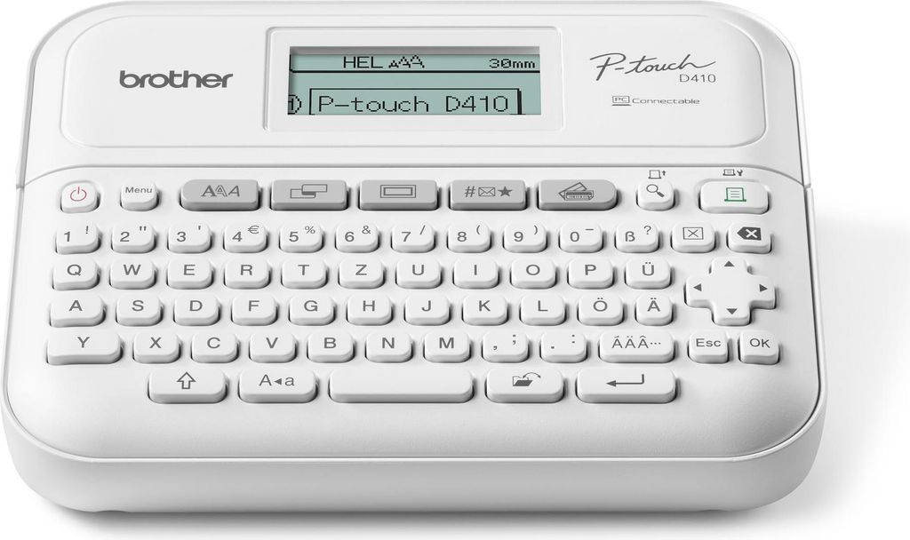 A white Brother P-touch D410 label maker is shown from a slightly elevated front-side angle on a white background.