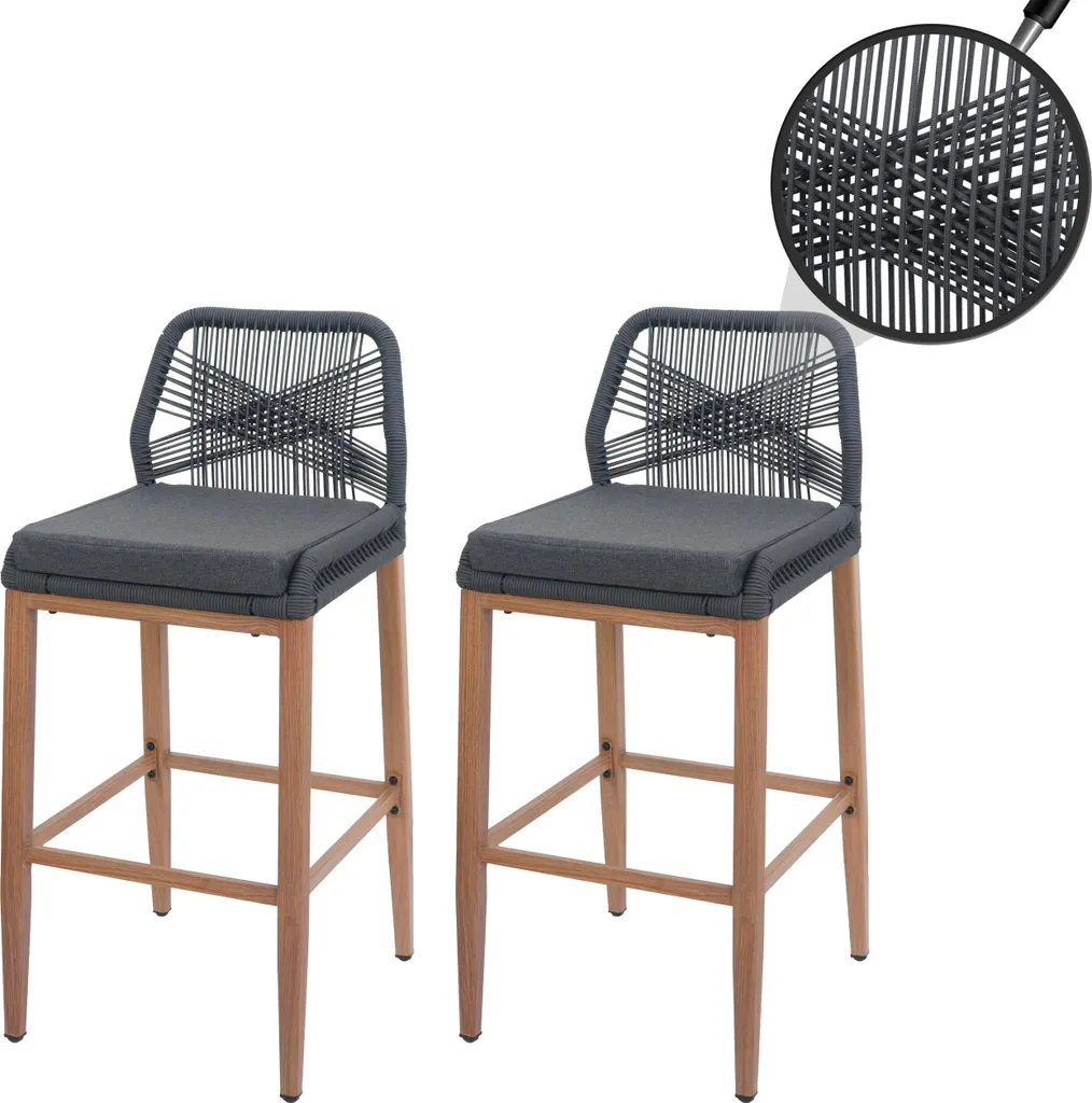 Tabourets de bar de jardin en corde tressée et métal aspect bois lot 2