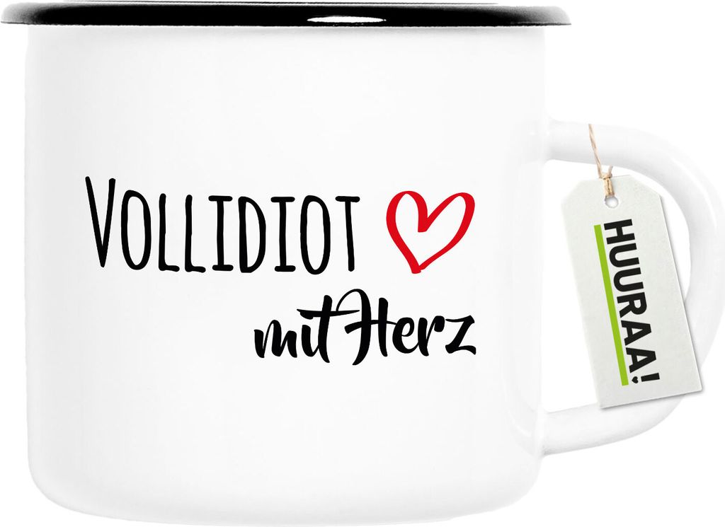 Huuraa Emaille Tasse Vollidiot mit Herz 300ml Vintage Campingbecher Geschenkidee