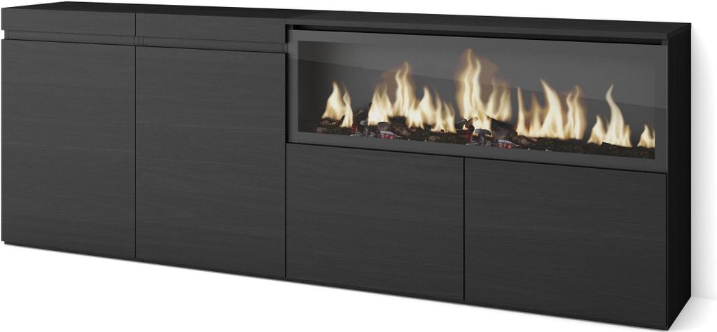 Sideboard, Highboard, 208x35x75cm, 4 Türen, Elektrokamin XXL, Schwarz