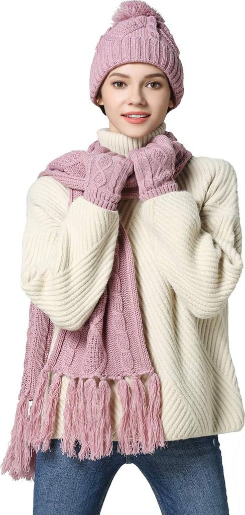 3-in-1 Set Schal Mütze Handschuhe für Touchscreens Strick Rosa