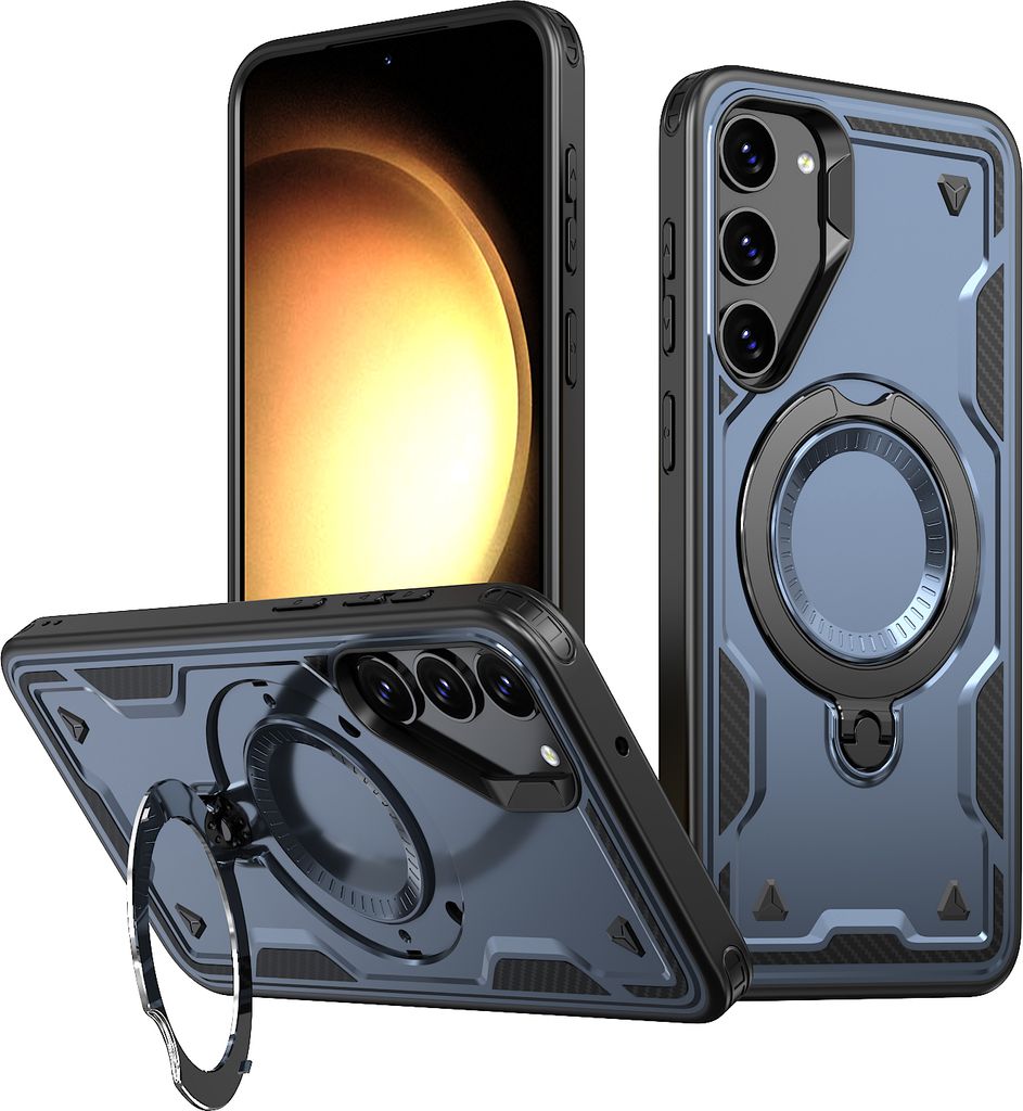 Dual Layer Hülle für Samsung Galaxy S23 Metall Ring Ständer Magnetisch Stoßfest Militär Handyhülle Blau