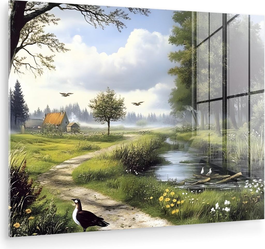 MuchoWow Glasbilder - Bilder auf Wandbild - Foto auf Glas Sandiger Weg - Grüne Landschaft - Wasser 40x30 cm Wanddekoration aus Glas - Acrylglasbil...