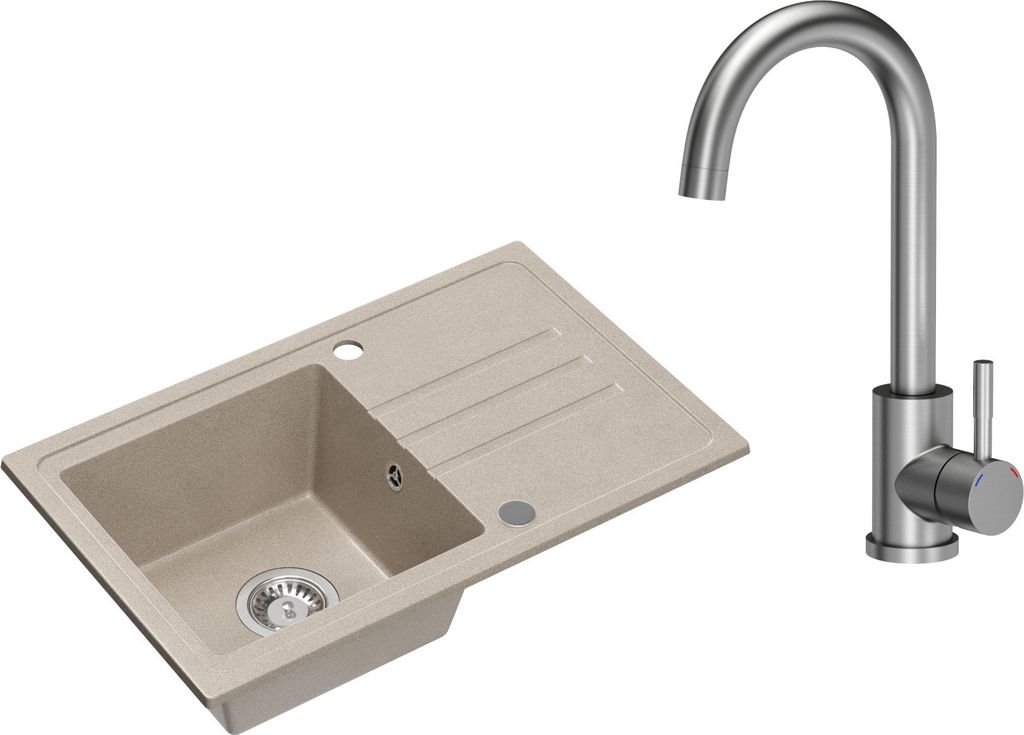 VBChome Spülbecken Granit Beige mit Armatur 70 x 44 cm Einzelbecken Einbauspüle Gesprenkelt Reversibel Granitspüle Siphon Waschbecken Armatur Inox