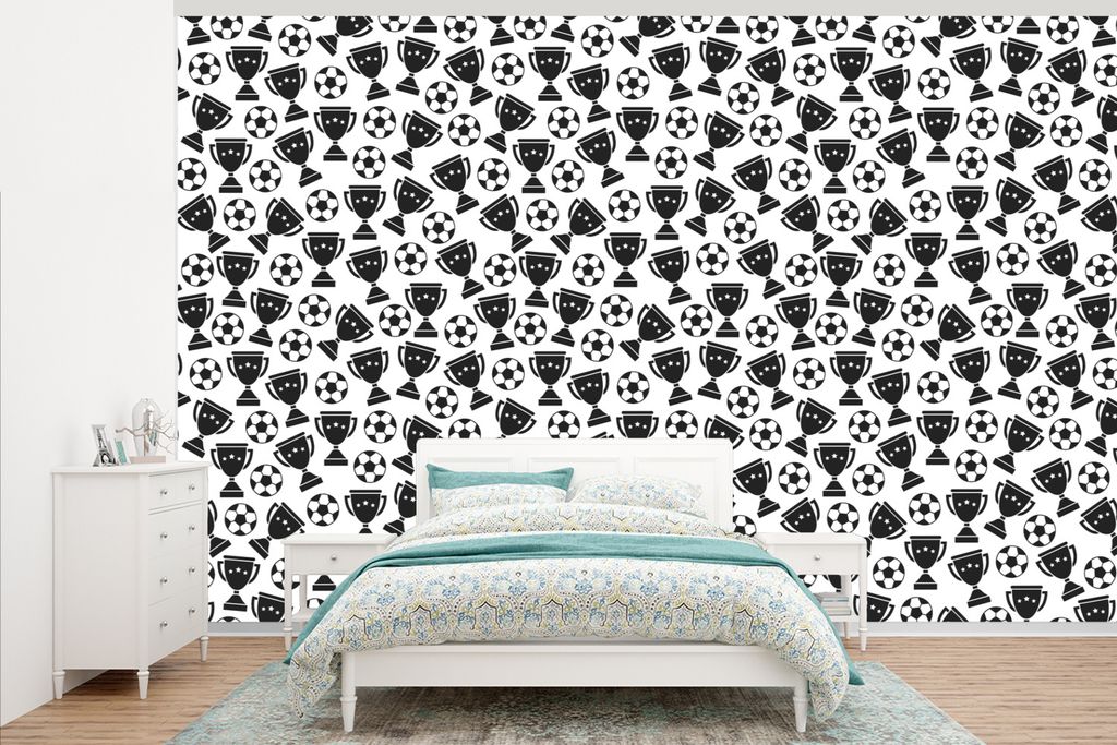 MuchoWow Fototapete für Wohnzimmer oder Schlafzimmer Wandtapete Vinyl Motivtapete Muster - Fußball - Pokal - Jungen - Kinder - Kind - 405x260 c...