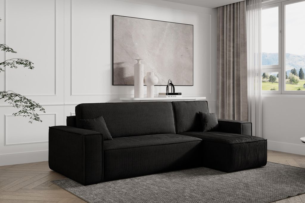 VENASI Ecksofa mit Schlaffunktion Hugo L, Schwarz Cordstoff Produktbild 