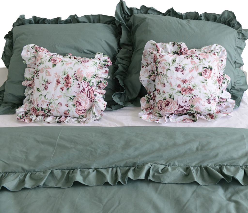 Baumwolle Bettwäsche Mit Rüschen Set Schlafzimmer Bettdeckenbezug 160X200 Cm + 4 Kissenbezüge Boho Grün Retro-Blumen