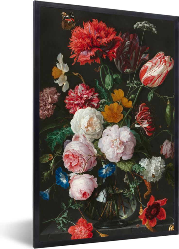 MuchoWow Gerahmtes Poster Stilleben mit Blumen in einer Glasvase - Gemälde von Jan Davidsz. de Heem 40x60 cm - Poster mit Schwarzem Bilderrahmen...
