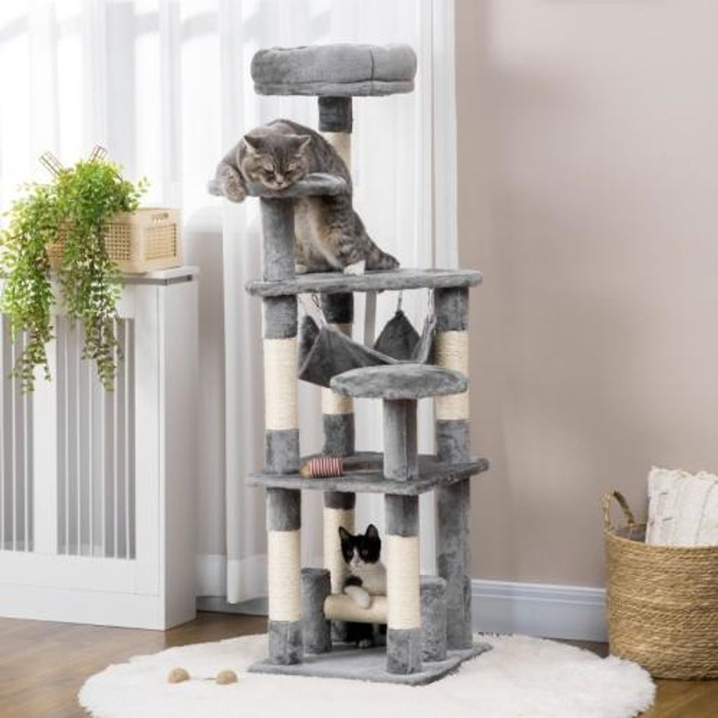 Grau Katzenbaum 40x40x132 cm Pluesch Kratzbaum Katzenspielturm Kletterbaum Mit Haengematte