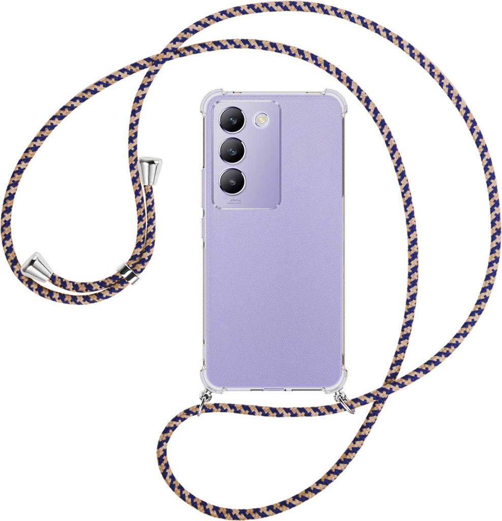 Handykette Backcover-Schutzhülle mit Band (Metall silberfarben) für vivo Y200e 5G / V30 Lite 4G / T3 5G - blau+beige