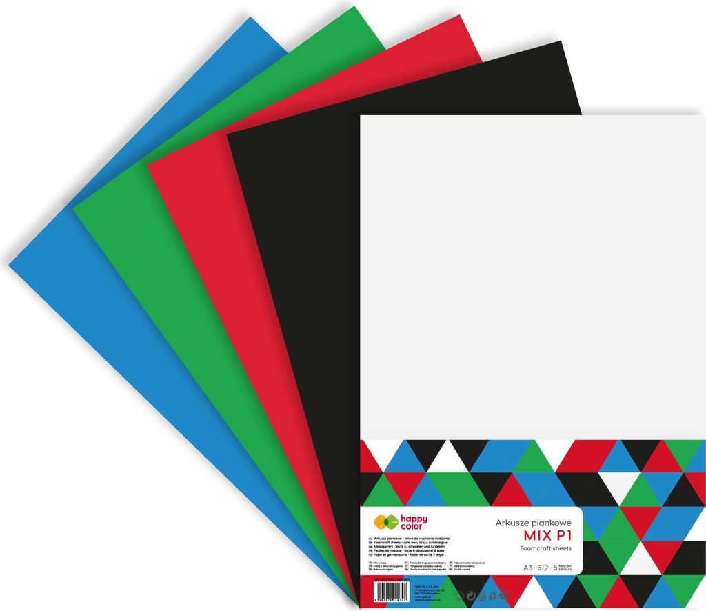A stack of colorful foam sheets fanned out, with a white sheet on top and a label at the bottom right.