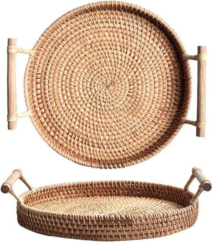 Gewebter Rattan-Dienstteller 32 cm Holzgriffe